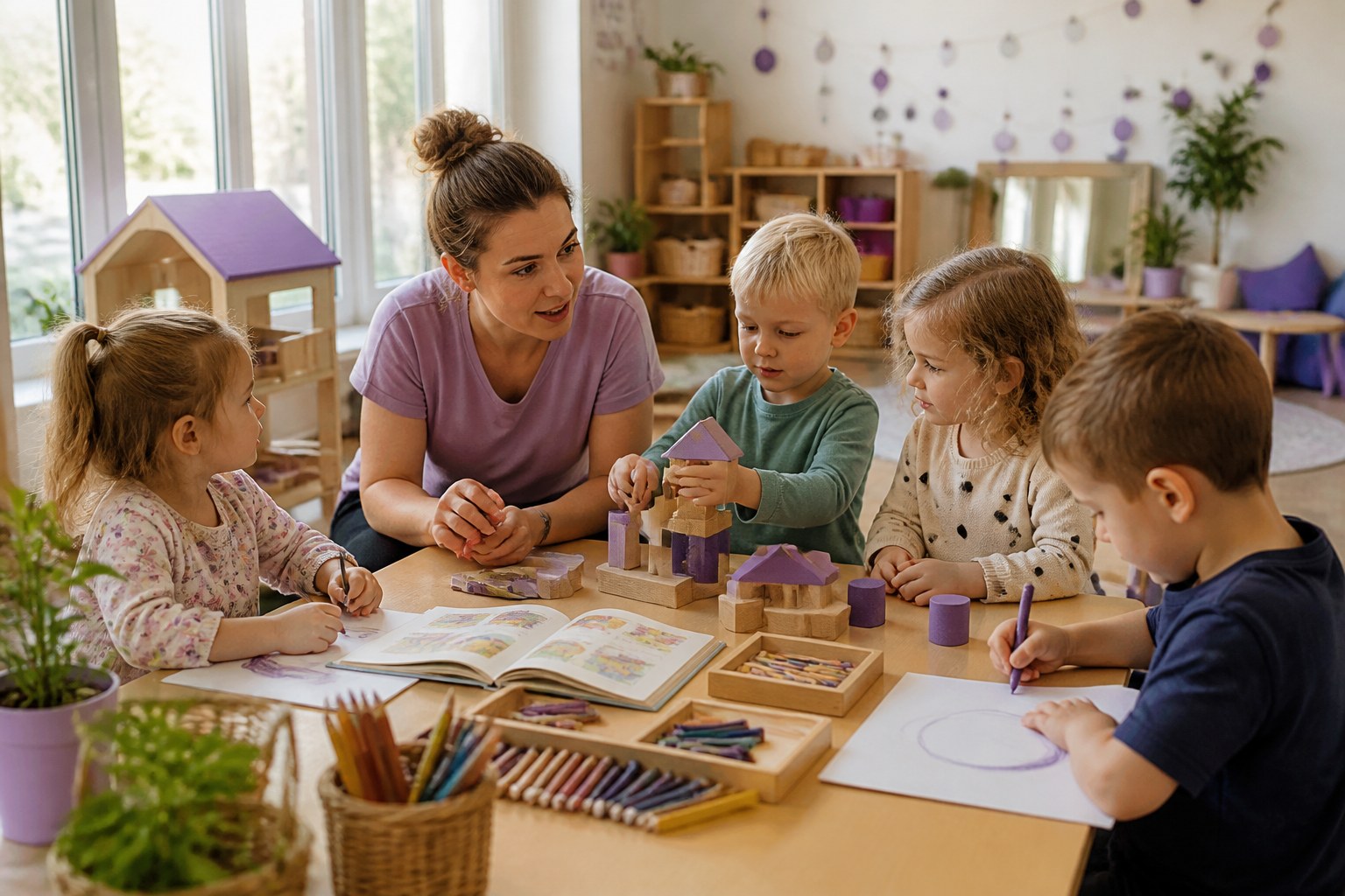 Fachkraft in der Kinderbetreuung leitet Kinder bei einer pädagogischen Aktivität im Spielraum an