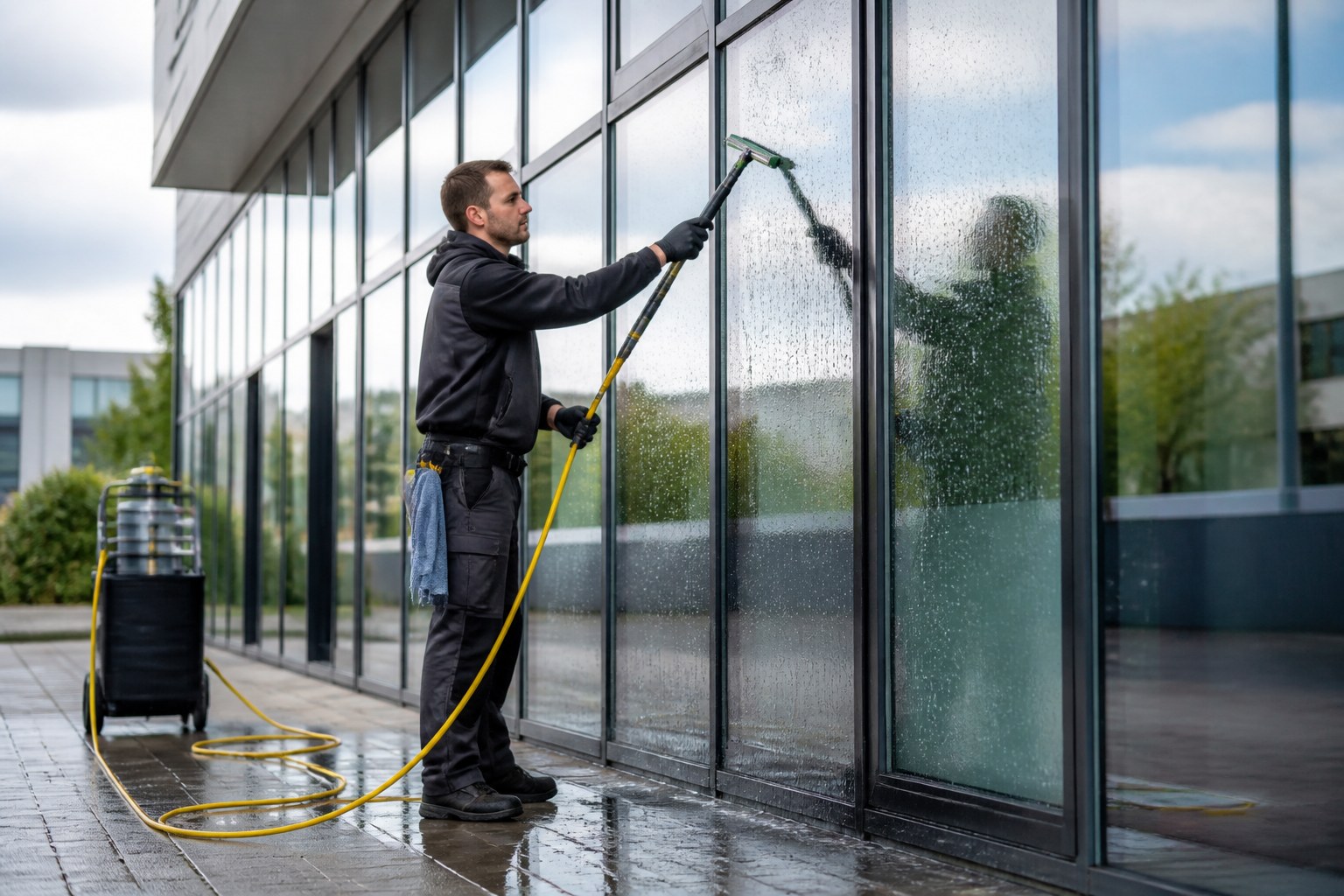 Glasreiniger mit Abzieher und wasserführendem Gerät an einer großen Glasfassade