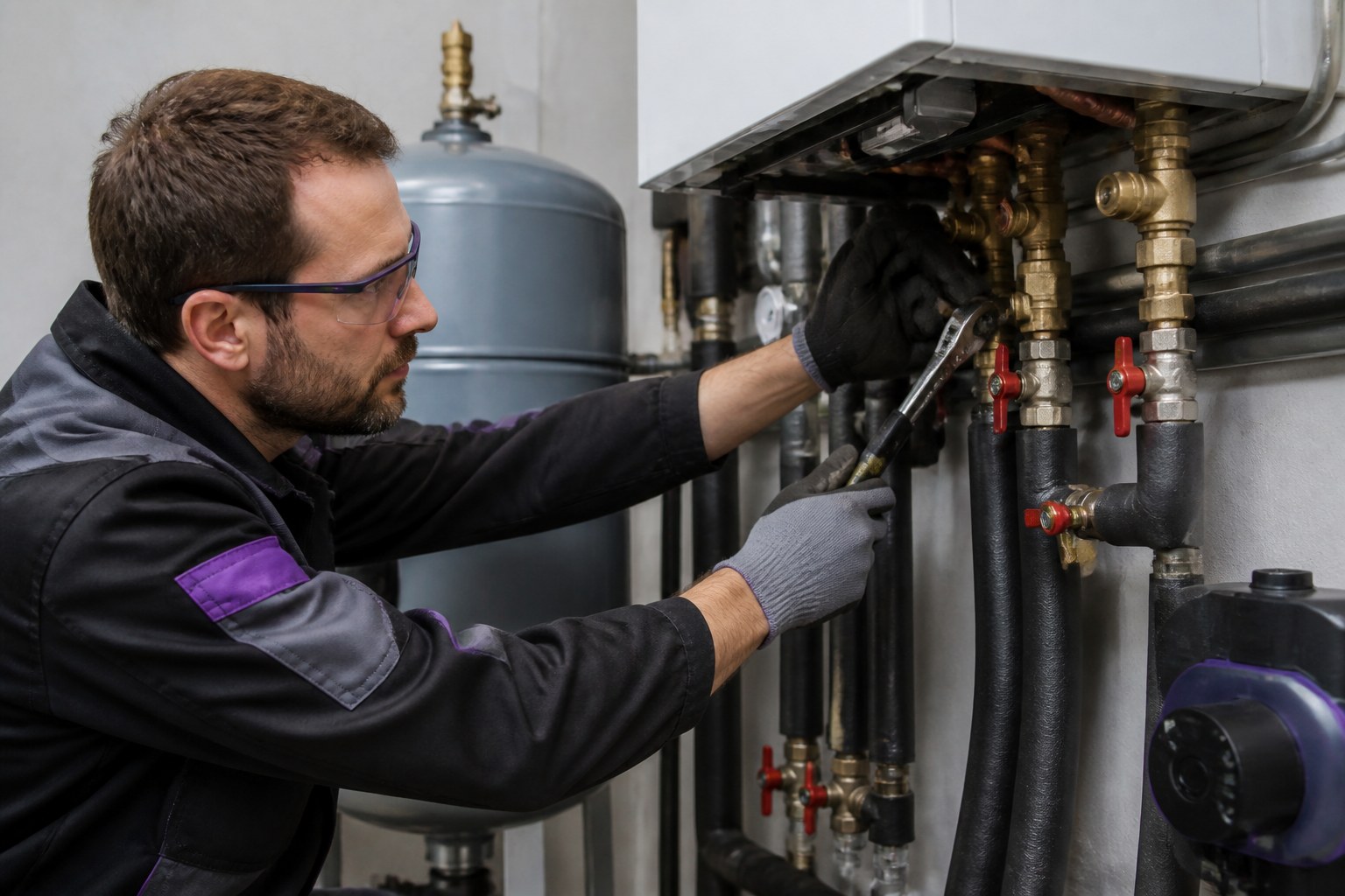 Heizungsinstallateur verbindet isolierte Rohre und Armaturen mit einem Heizgerät