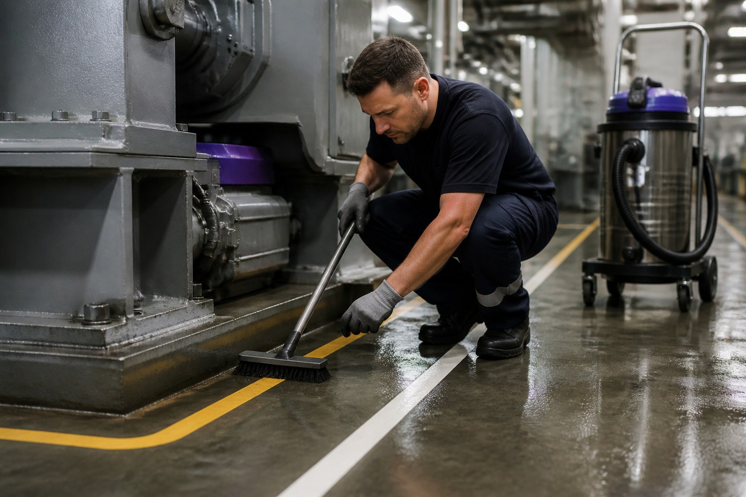 Nahaufnahme eines Industrie-Gebäudereinigers bei der Reinigung an Maschinenfundamenten auf einem Fabrikboden