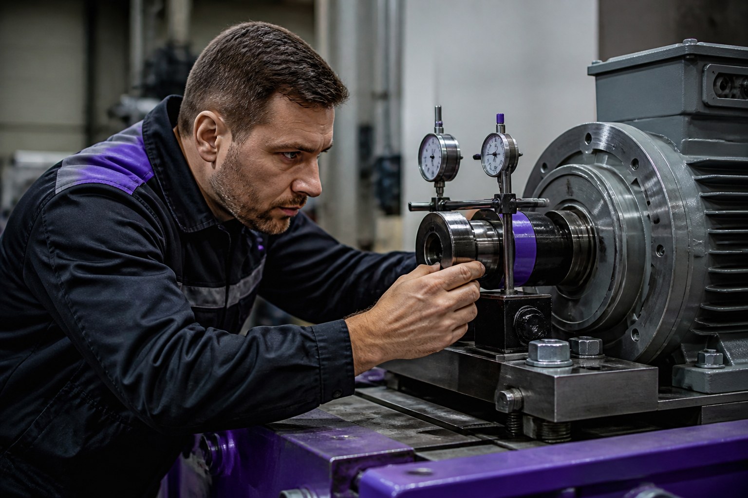 Industriemechaniker führt eine mechanische Ausrichtung und Prüfung an einer Produktionsmaschine durch