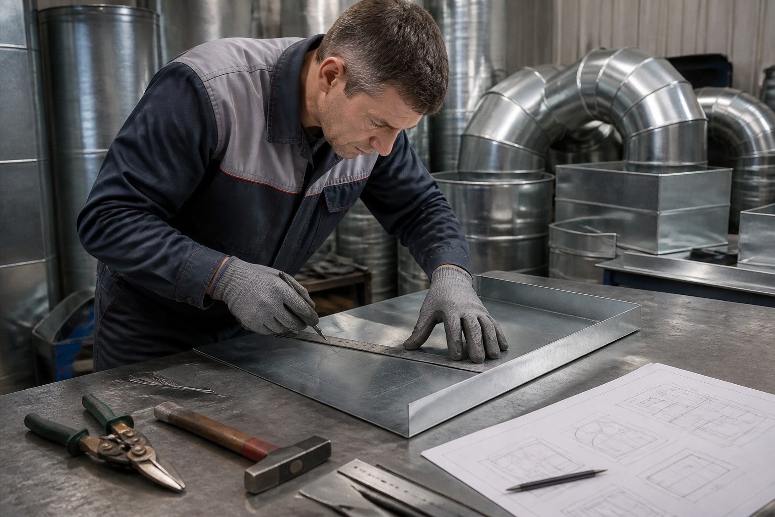 Dachklempner beim Messen und Biegen einer Metallkomponente neben Rohrverbindungen und Lüftungsbauteilen aus Metall