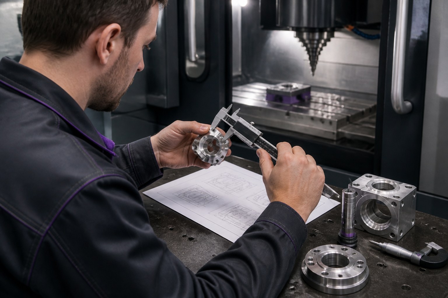 CNC-Maschinenbediener beim Vergleich eines bearbeiteten Bauteils mit einer technischen Zeichnung und Messmitteln