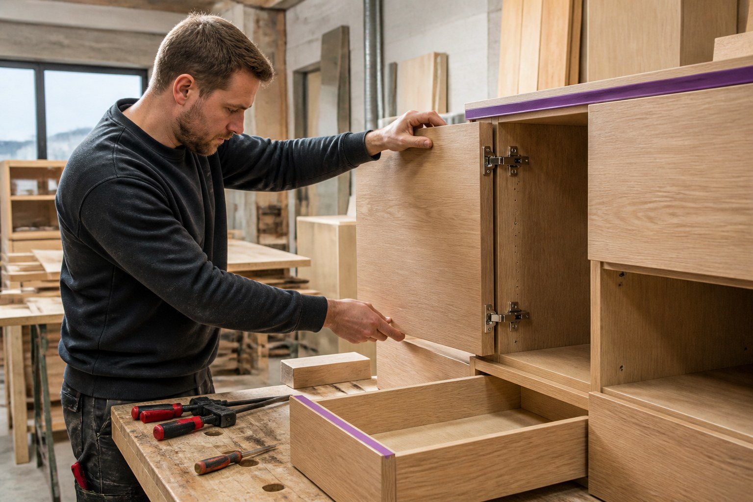 Tischler beim Ausrichten von Türen und Schubladen bei der Montage von Einbaumöbeln