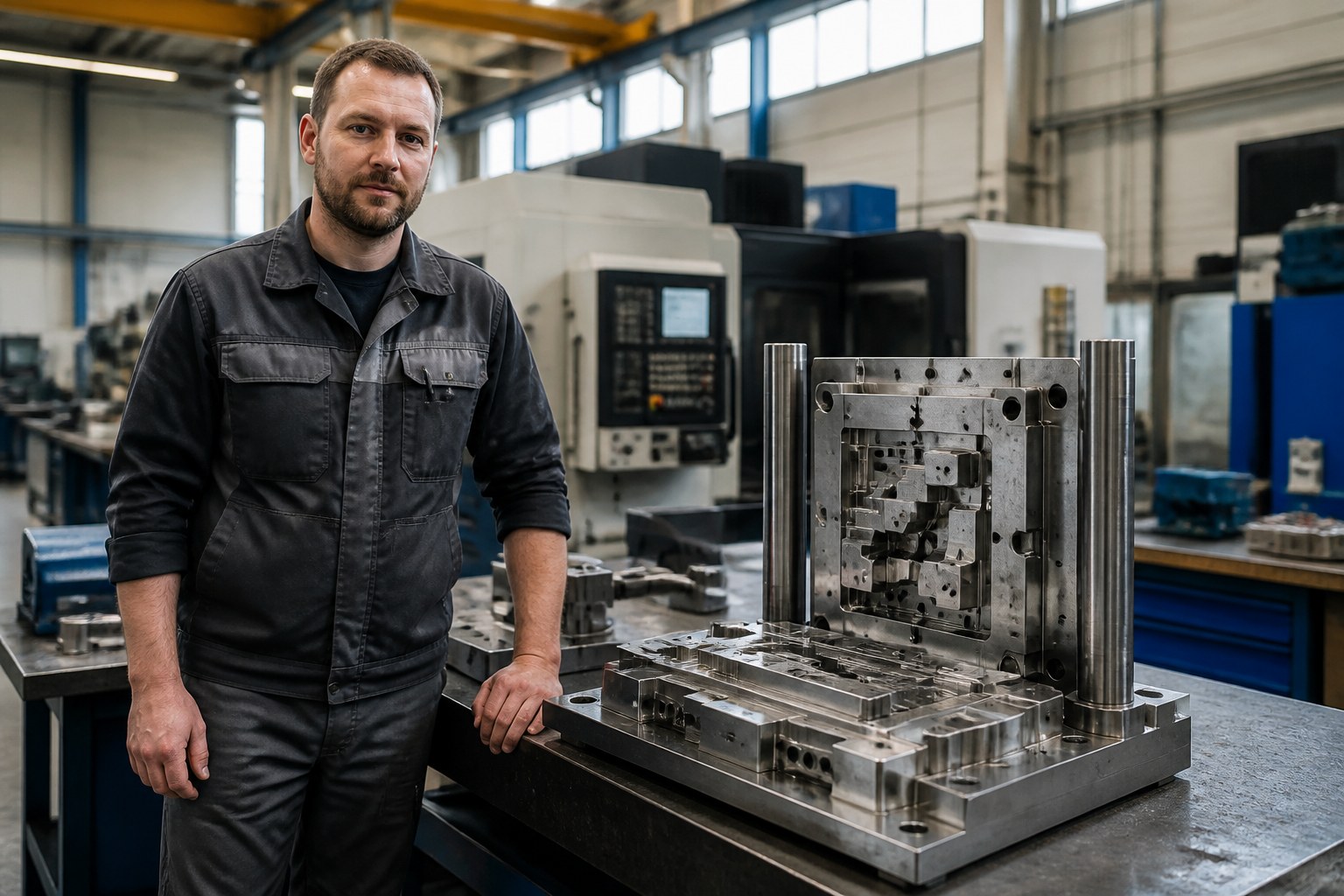 Qualifizierter Werkzeugmechaniker neben fertigem Präzisionswerkzeug in einem deutschen industriellen Produktionsumfeld