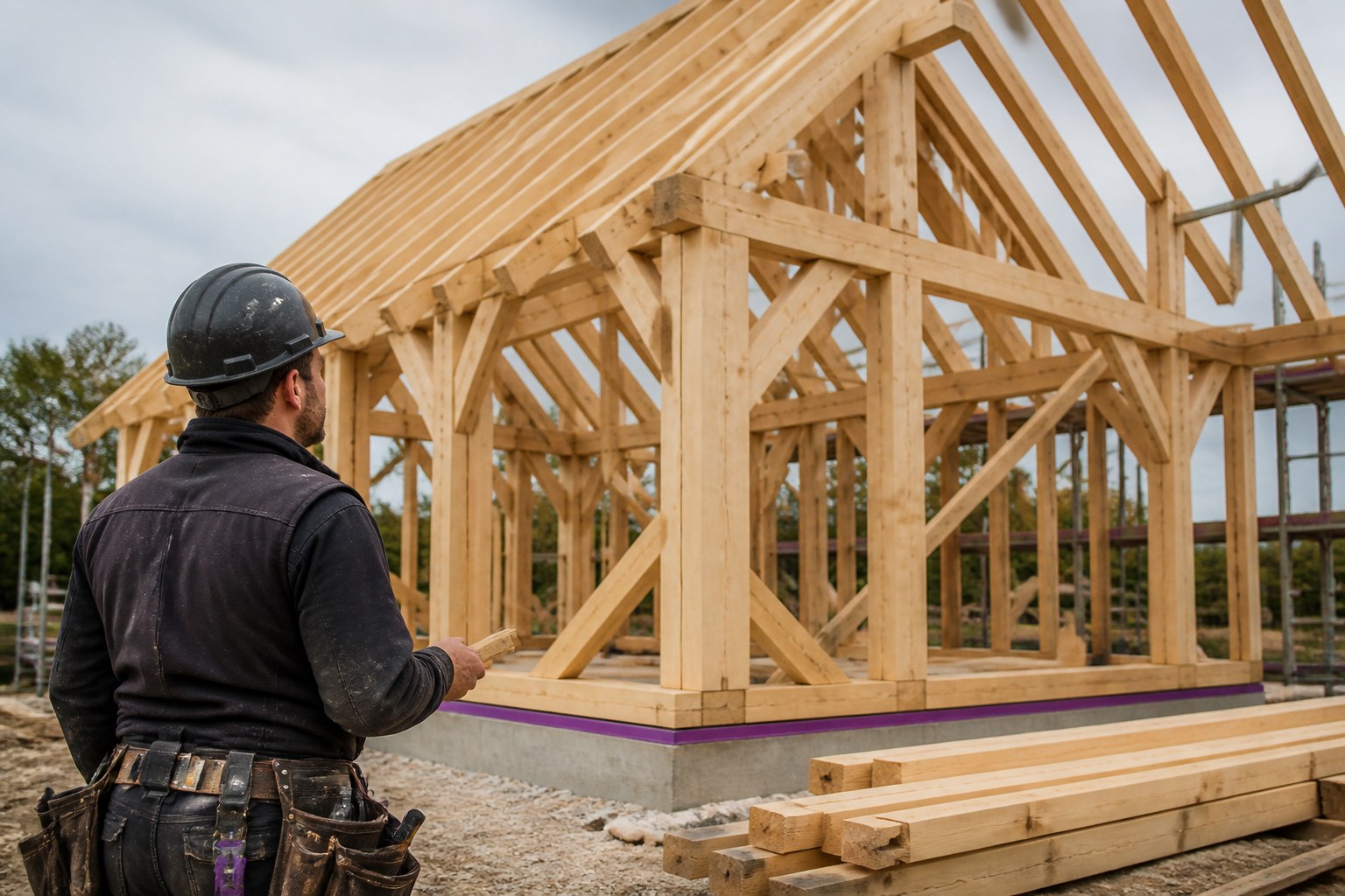 Zimmerer beim Prüfen eines fertiggestellten Holzrahmenbaus in Deutschland